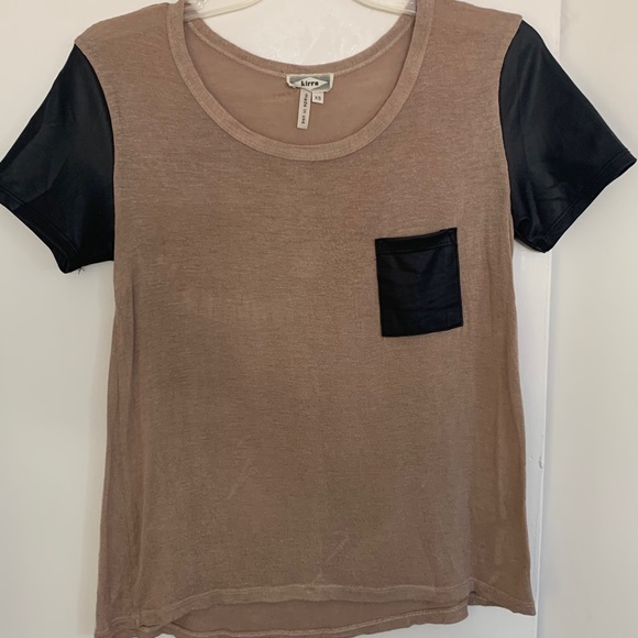 Brown Tee With Black Leather Pocket and Sleeves - Picture 7 of 10